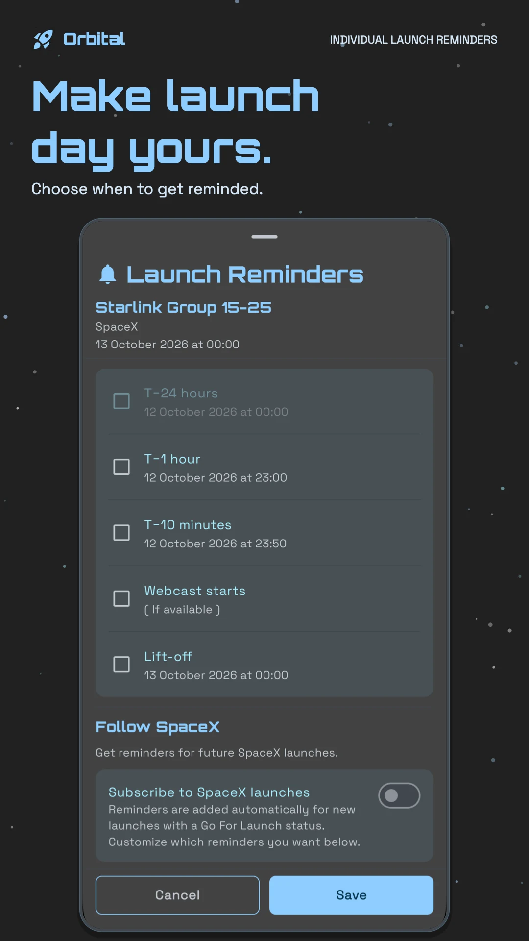 Launch reminder settings with choices for alerts before lift-off.