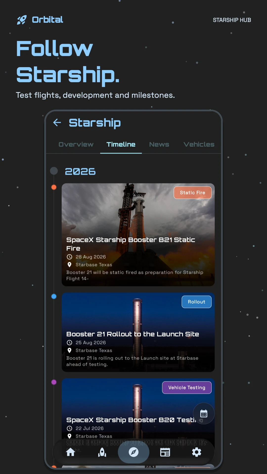 Starship development timeline with test flights and milestones.