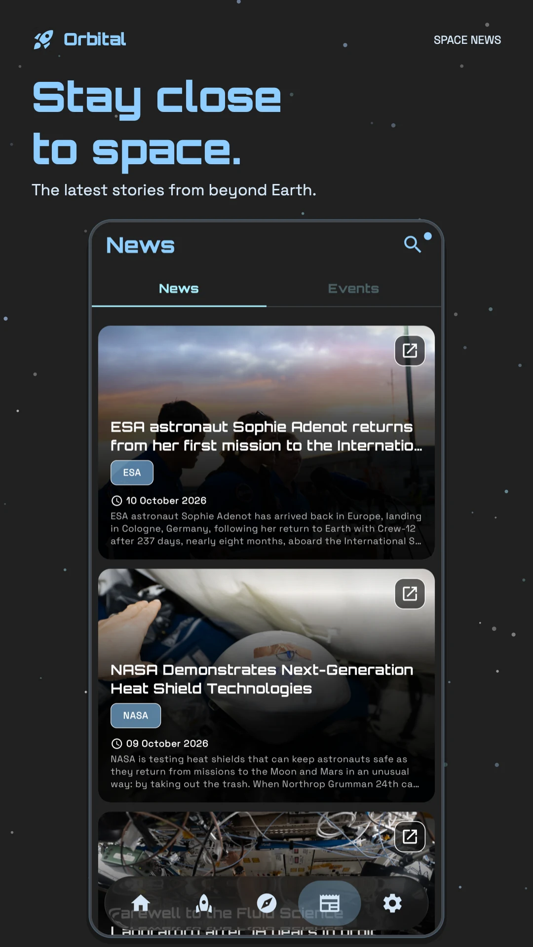 Space news feed with the latest stories and mission updates.