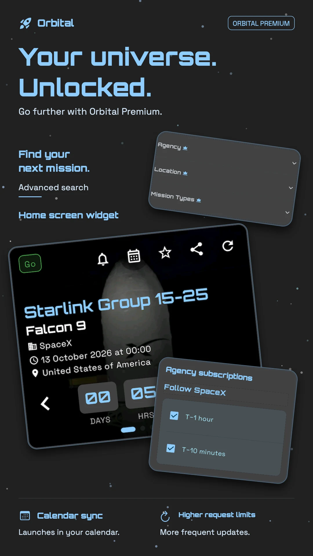 Orbital Premium agency reminders for following future SpaceX launches.